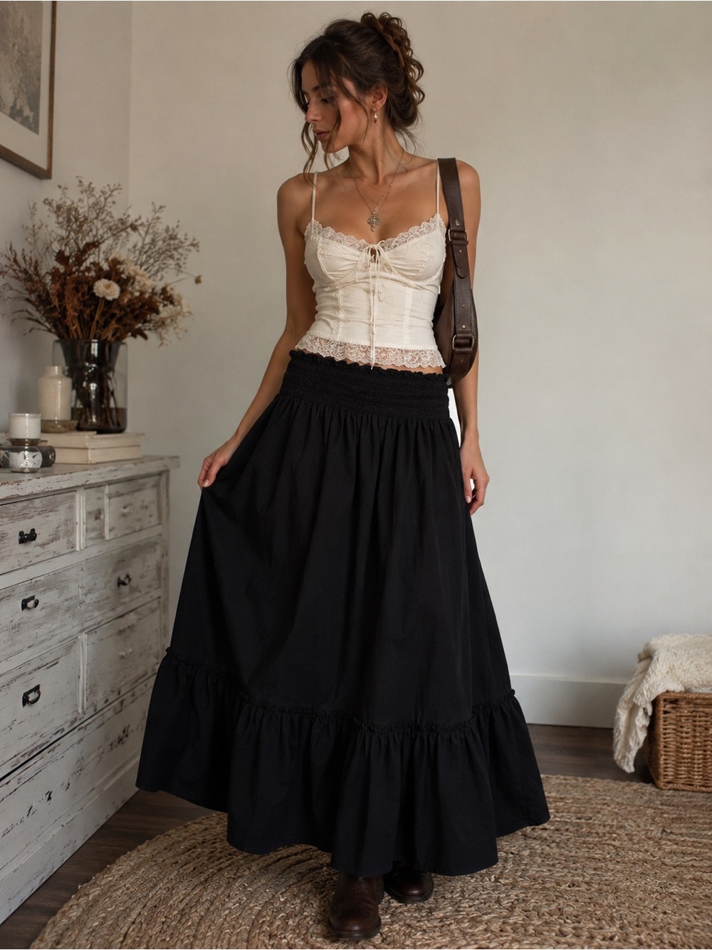 Derek Heart Black Smocked Waist Tiered Maxi Skirt